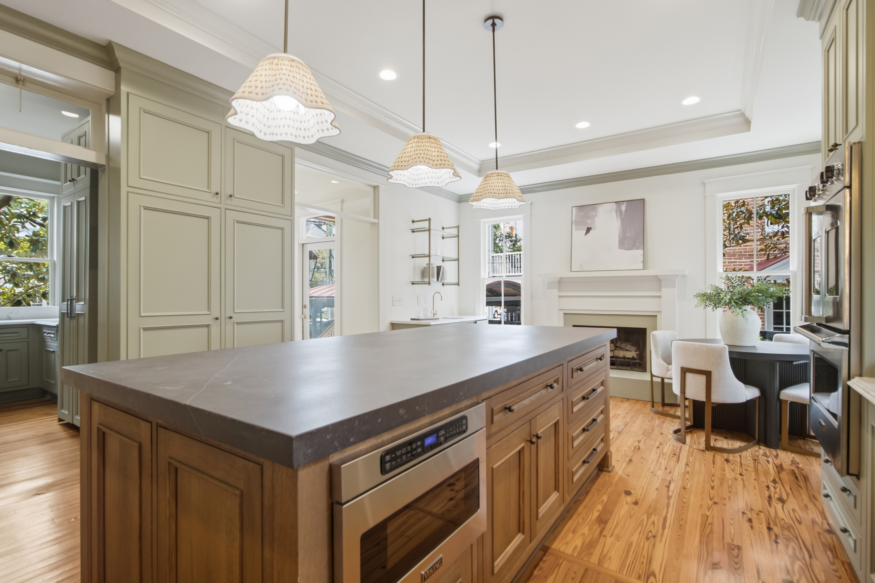 Paneled dining room with coffered ceiling at 173 Tradd Street